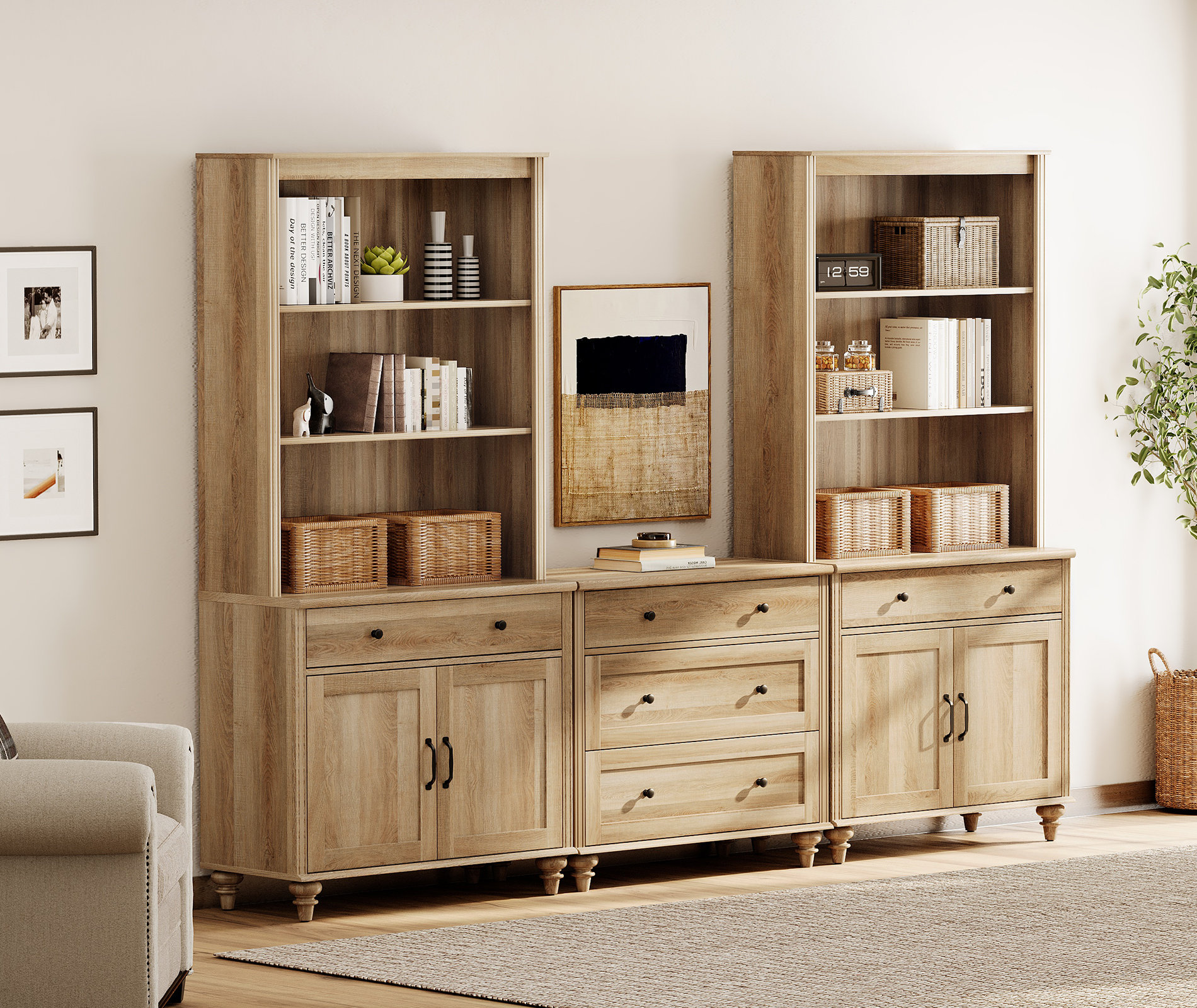 Canora Grey Oak Bookcase With 5 Drawers And 2 Cabinets Tall Book Case With Two 3 Tier Open Book Shelfs Large Wood Bookcases Farmhouse Bookshelves